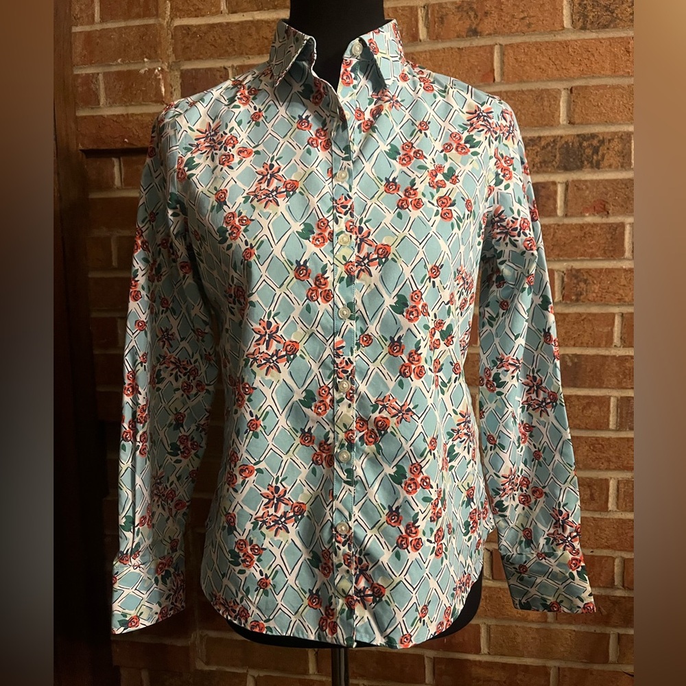 Lands' End Women 4P Blue Red Floral No Iron Cotton Button Down Shirt Cottagecore